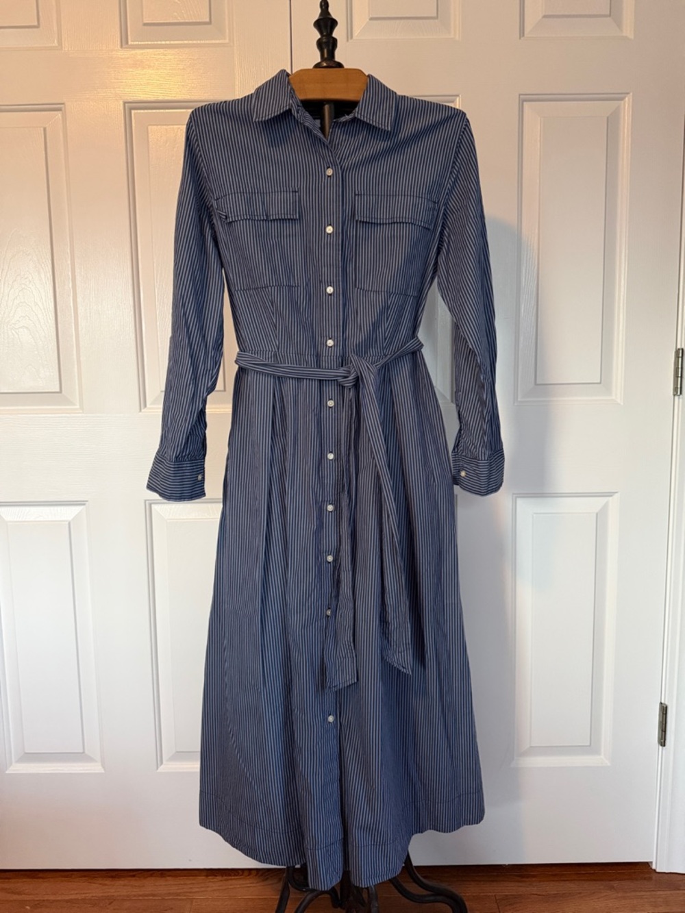 Free Assembly Striped Blue Long-Sleeve Shirt Dress with Tie Waist